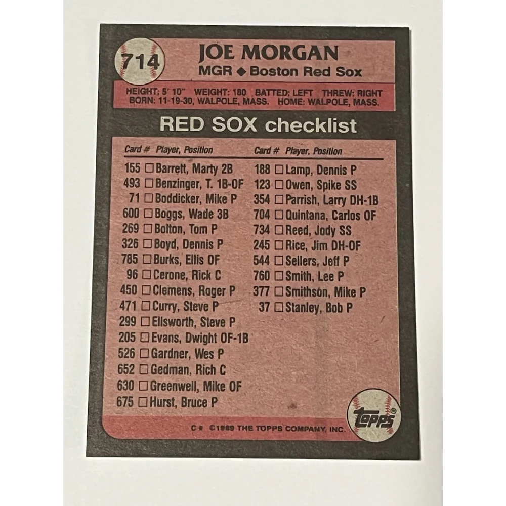 Joe Morgan 1989 Topps Boston Red Sox Team Checklist 714 - Picture 6 of 6